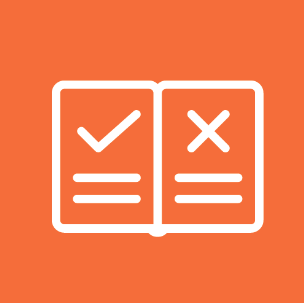 Book on orange background with checkmark and X